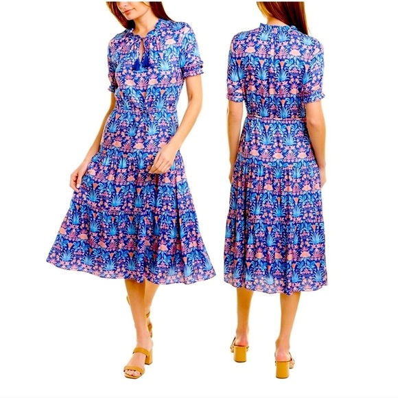 J. McLaughlin Womens Chessie Silk-Blend A-Line Dress Blue Floral Sz Small Boho